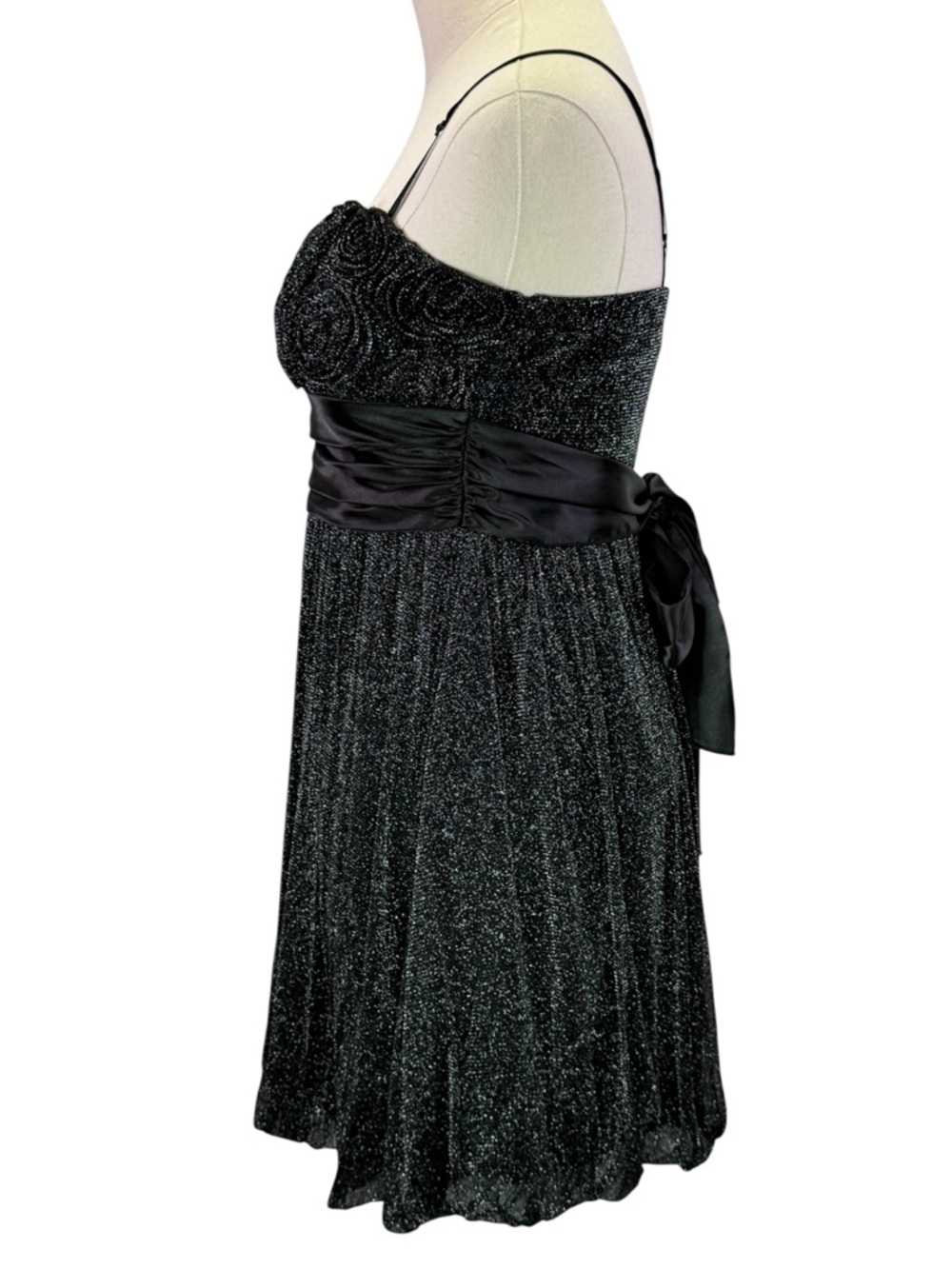 Agaci Y2K Black Glitter Rosette Bodice Party Dress Satin Waist Size S D88400S - Picture 4 of 7